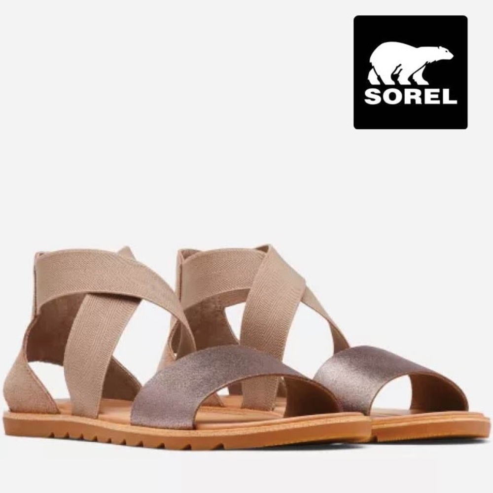 NEW Sorel Ella II Ash Brown Metallic Leather Sandal SZ 9.5